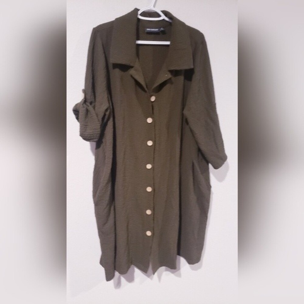 Nina Leonard Button Down 3/4 Sleeve Midi Shirt Dress Olive Green Size 1X - Picture 2 of 8